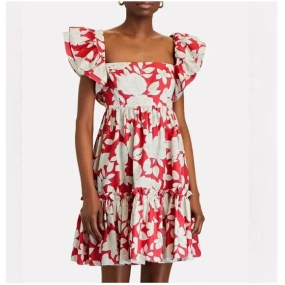 CARA CARA Lexa Floral Tiered Smocked Mini Dress Raspberry Pink White,Large - Picture 3 of 16